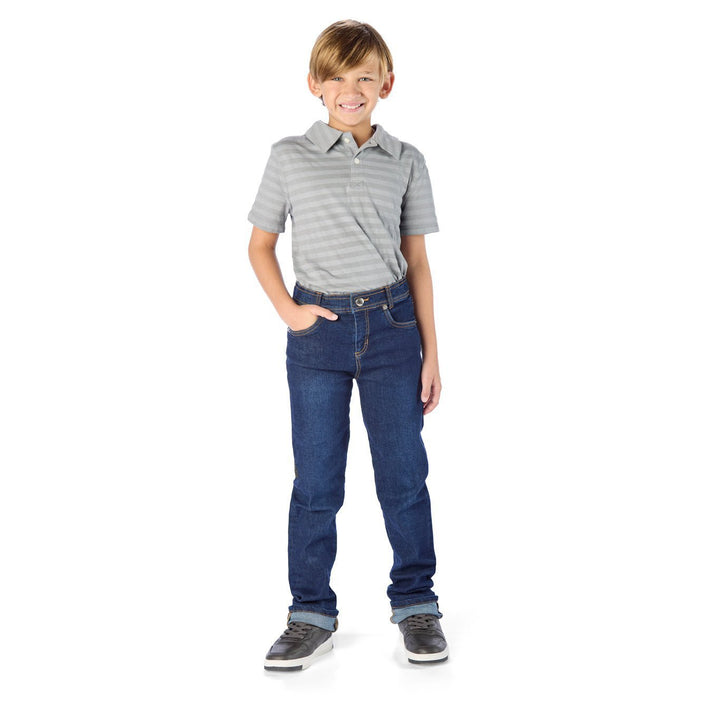 Thin Tween Boy Wearing Dark Wash Jeans for Tall Kids