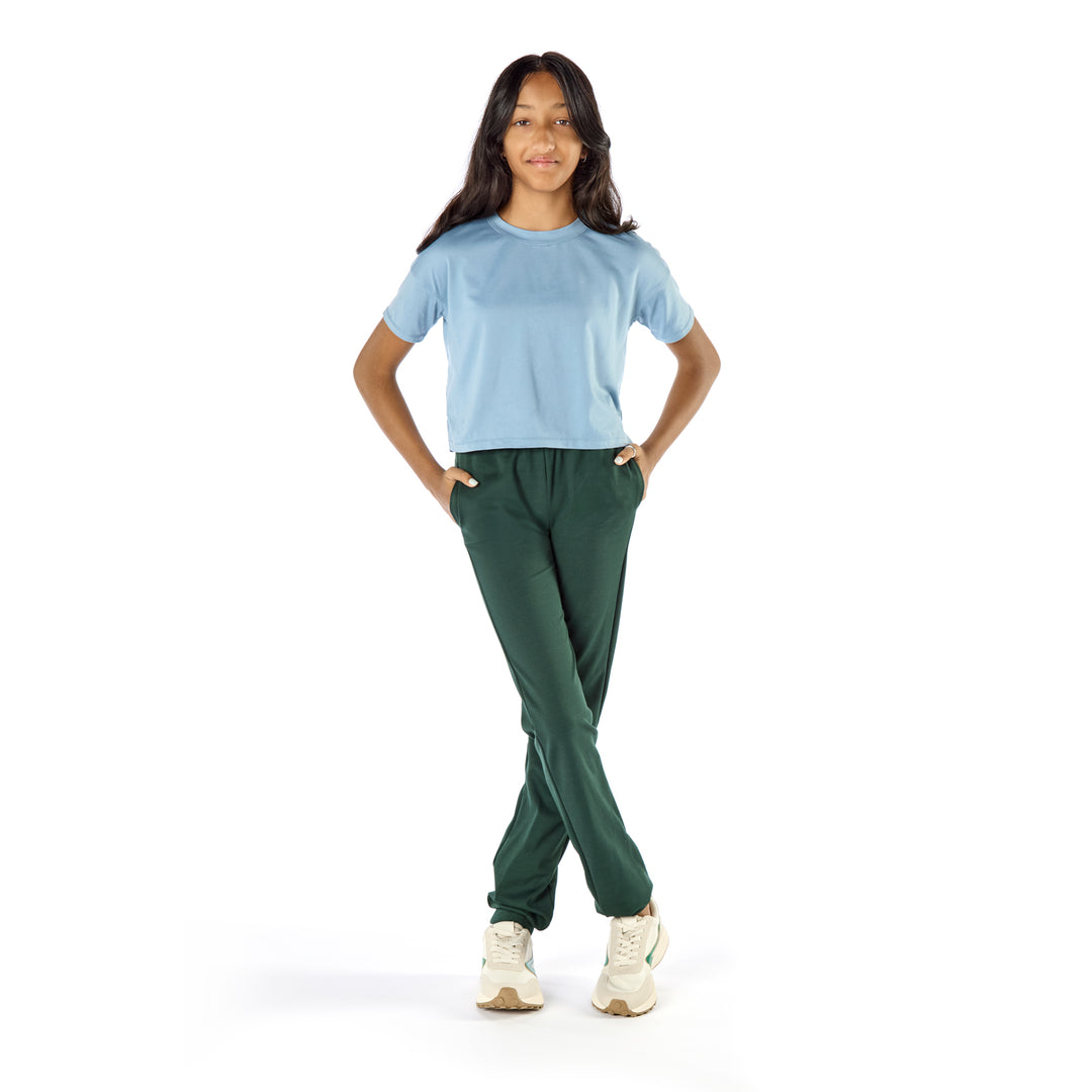 Tall Slim Teen Wearing Athletic Joggers for Slim Teenagers in a Forest Green Color