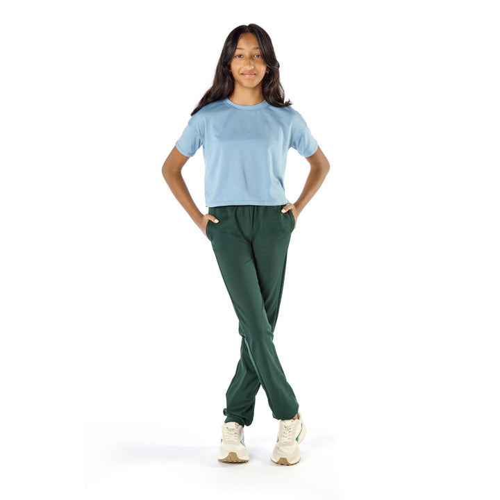 Tall Slim Teen Wearing Athletic Joggers for Slim Teenagers in a Forest Green Color