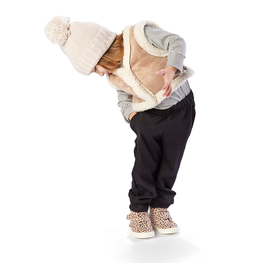 Curious Toddler Girl Wearing Skinny and Long Elastic Waist Knit Joggers