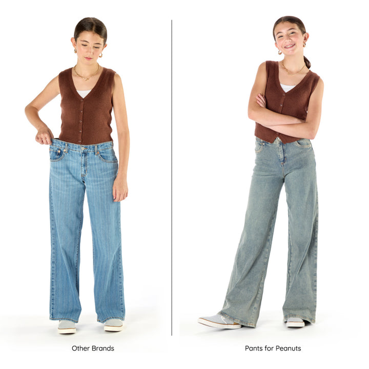 Visual shows how Pants for Peanuts wide leg jeans fit better in comparison to other brands for tall skinny girls.