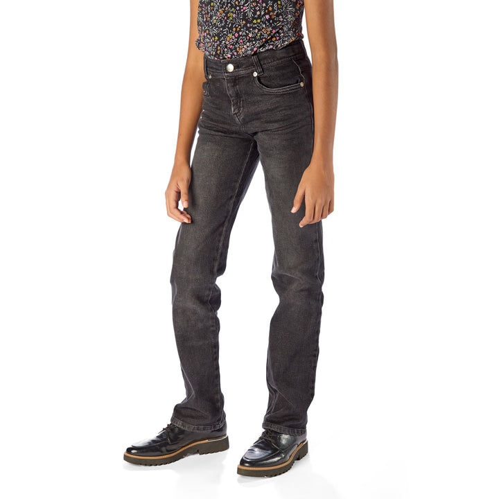 Front of Tall Thin Girl Wearing Slim-Fit Extra Long Tall Black Jeans / Pants for Peanuts