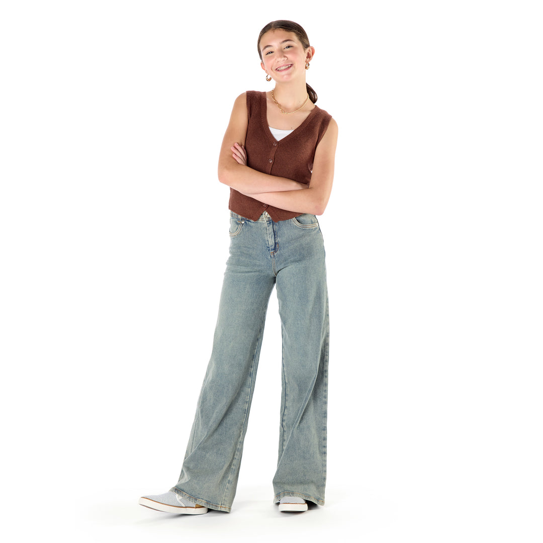 Skinny Teenage Girl Wearing Light Wash Wide Leg Denim that are long and slim