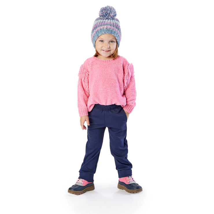 Skinny Tall Toddler Girl wearing navy knit joggers / pants for peanuts