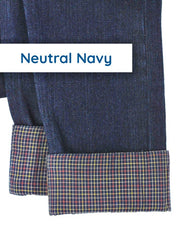Gender Neutral Kids Slim-Fit Jeans with Adjustable Length Cuff in Navy Plaid