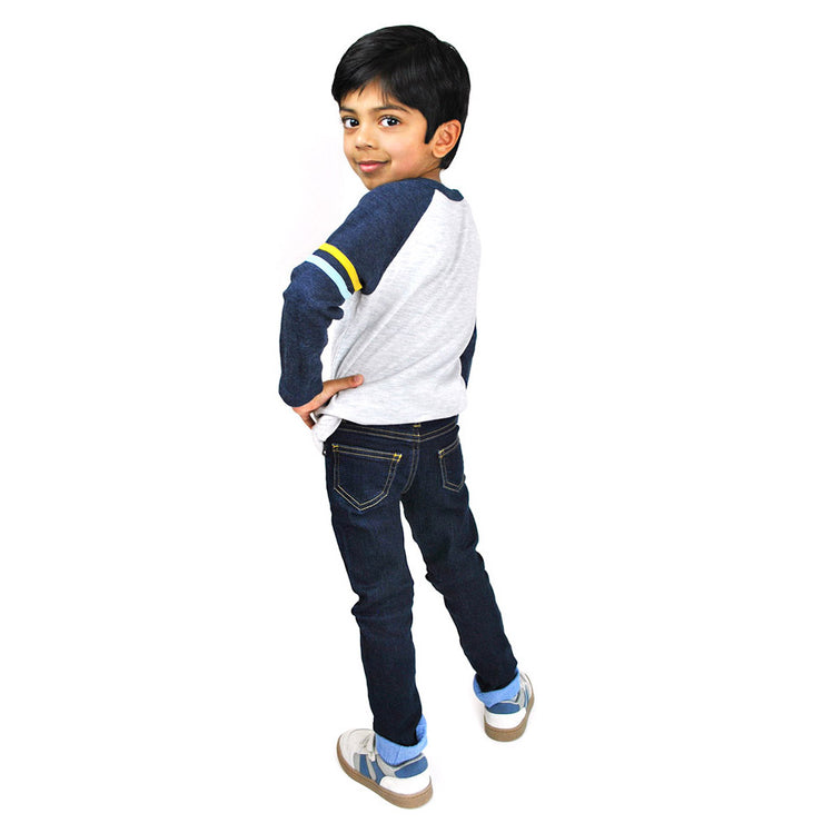 Toddler Boy Wearing Adjustable Waist Slim-Fit Jeans with Cuff