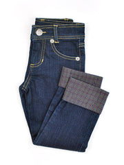 Boys or Girls Slim-Fit Jeans with Adjustable Waist and Cuff in Navy Plaid